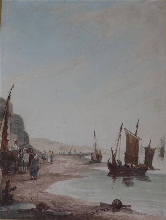Attributed to Samuel Owen (1768-1857), watercolour, View on the Kent coast with fishermen, signed, 19 x 14cm